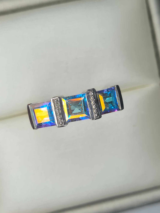 2.601ct Mercury Mystic Topaz Trilogy Ring in Rhodium Overlay 925 Sterling Silver SIZE M
