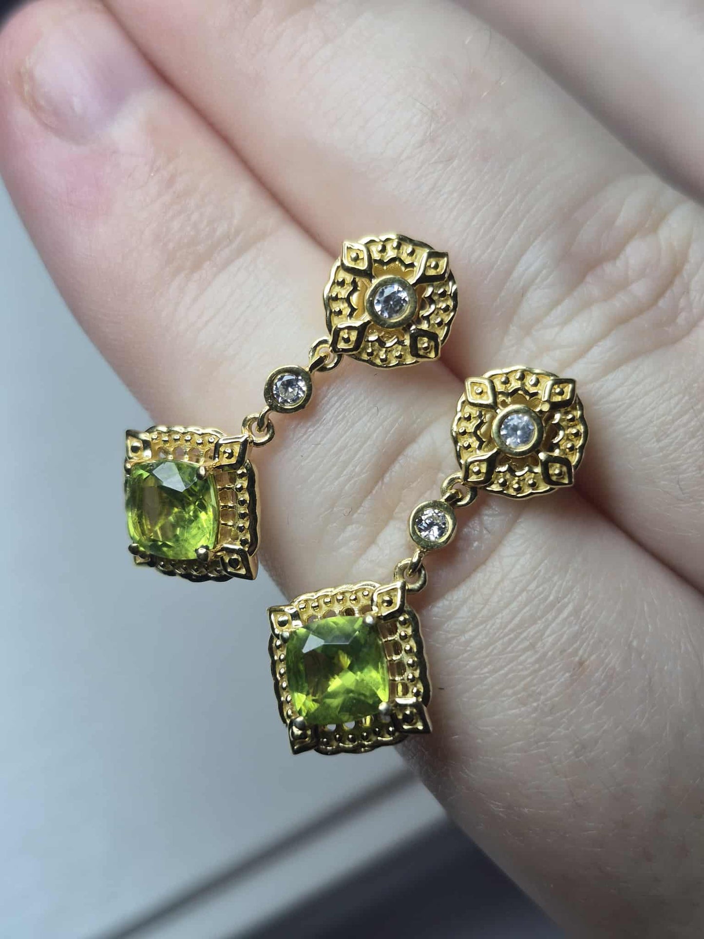 Natural Hebei Peridot, White Zircon Dangling Victorian Dangle Earrings 925 Sterling Silver