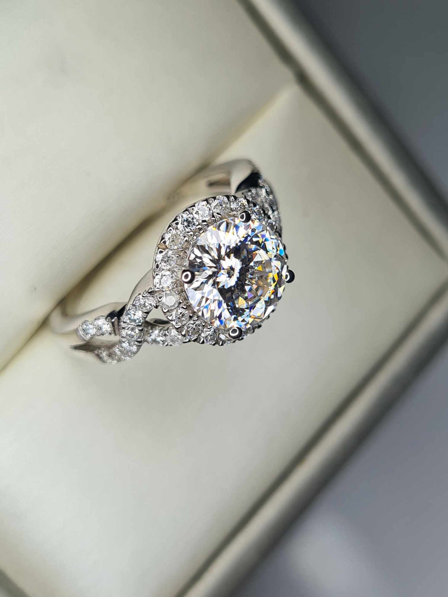 2.11ct Moissanite Halo Ring 925 Sterling Silver with platinum overlay SIZE O