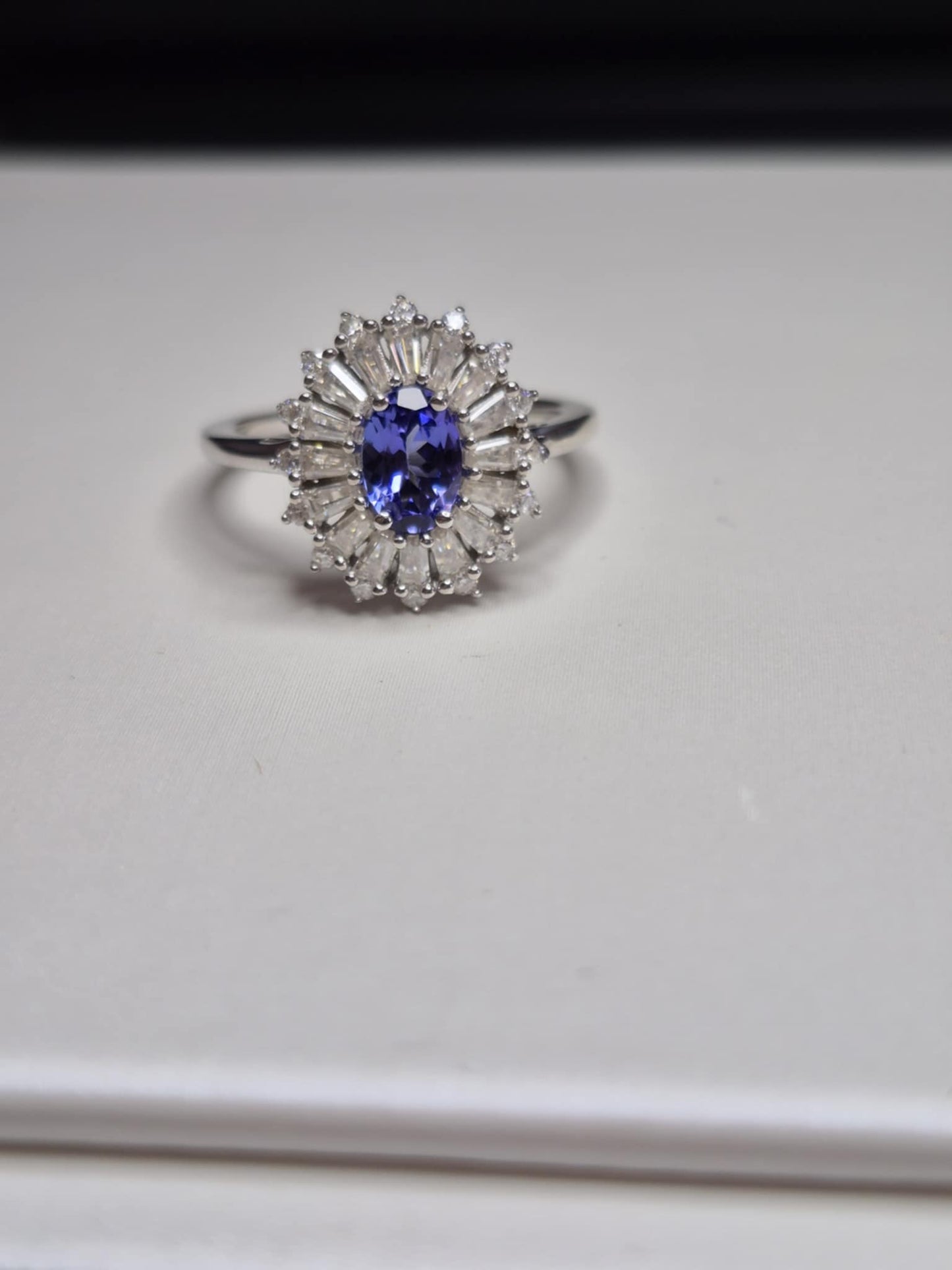1.24ct Tanzanite & Moissanite Halo Ring in Rhodium Overlay 925 Sterling Silver SIZE M