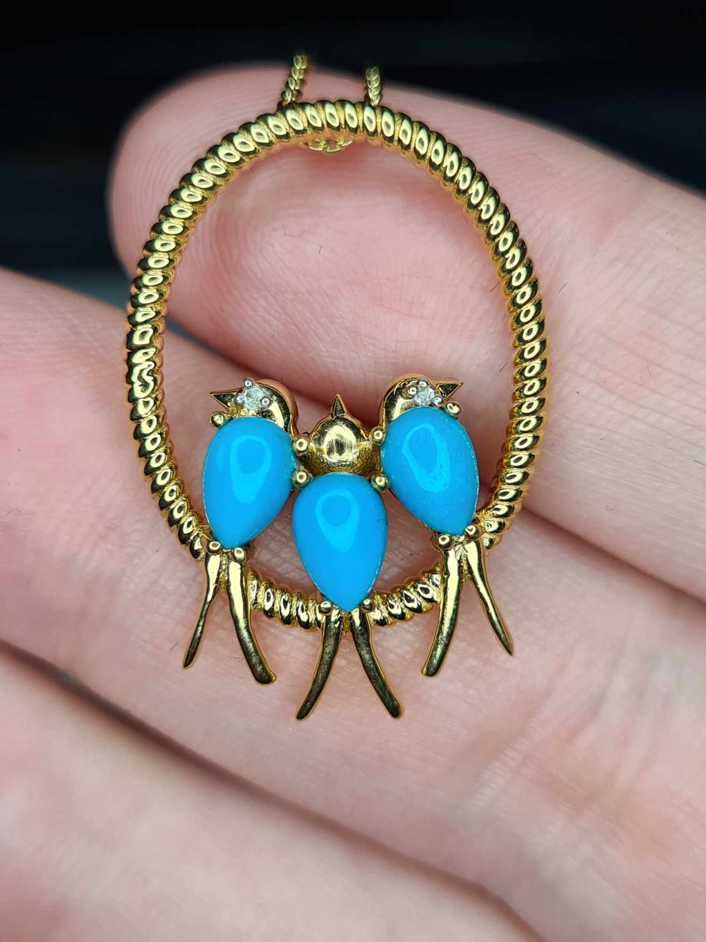 1.23 Ct Bird Arizona Sleeping Beauty Turquoise & Zircon Necklace 18k gold overlay 925 sterling silver