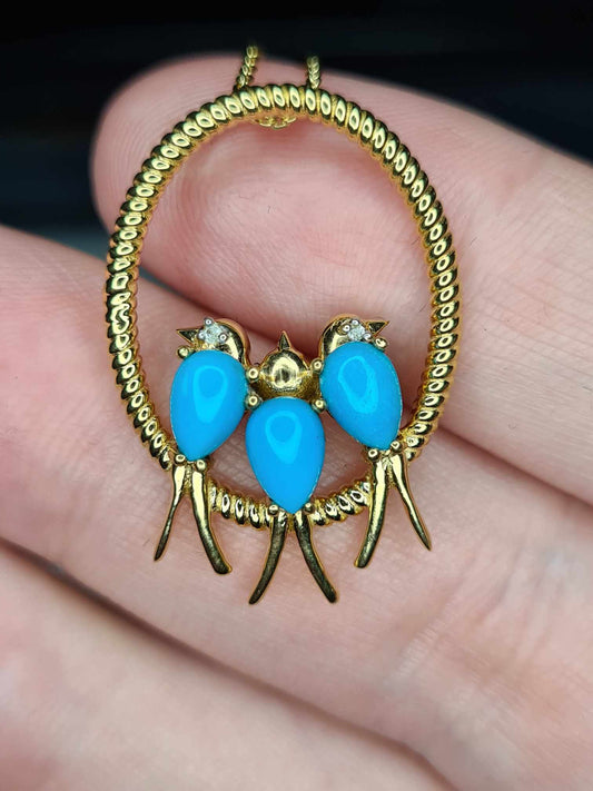 1.23 Ct Bird Arizona Sleeping Beauty Turquoise & Zircon Necklace 18k gold overlay 925 sterling silver