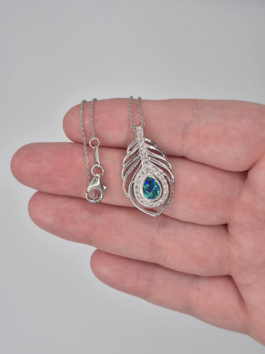Peacock Triplet Quartz, White Zircon Feather Necklace in Rhodium Overlay 925 Sterling Silver