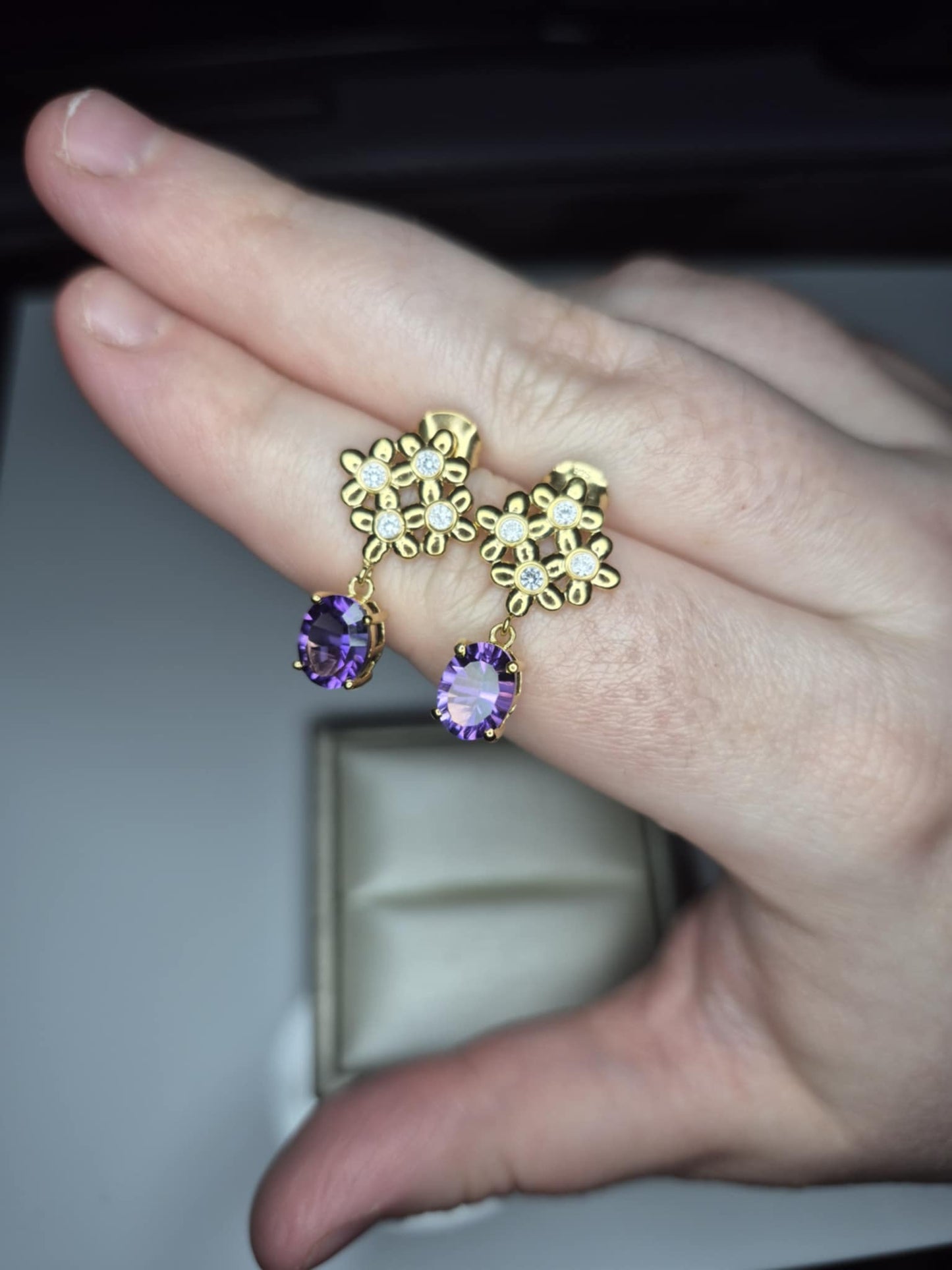 African Amethyst & White Zircon Floral Earrings in 18K Gold Overlay 925 Sterling Silver