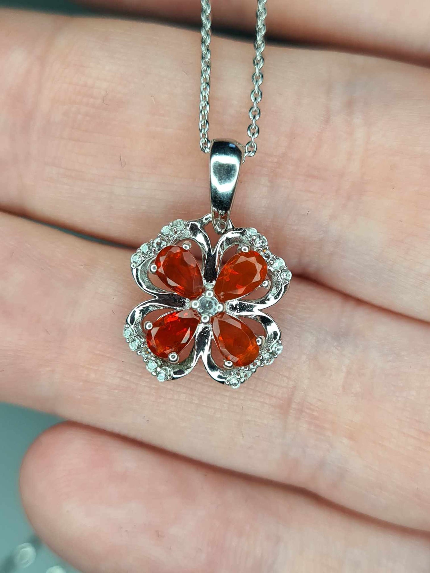 0.790ct. Fire Opal & Natural Zircon Clover Necklace in Platinum Overlay 925 Sterling Silver