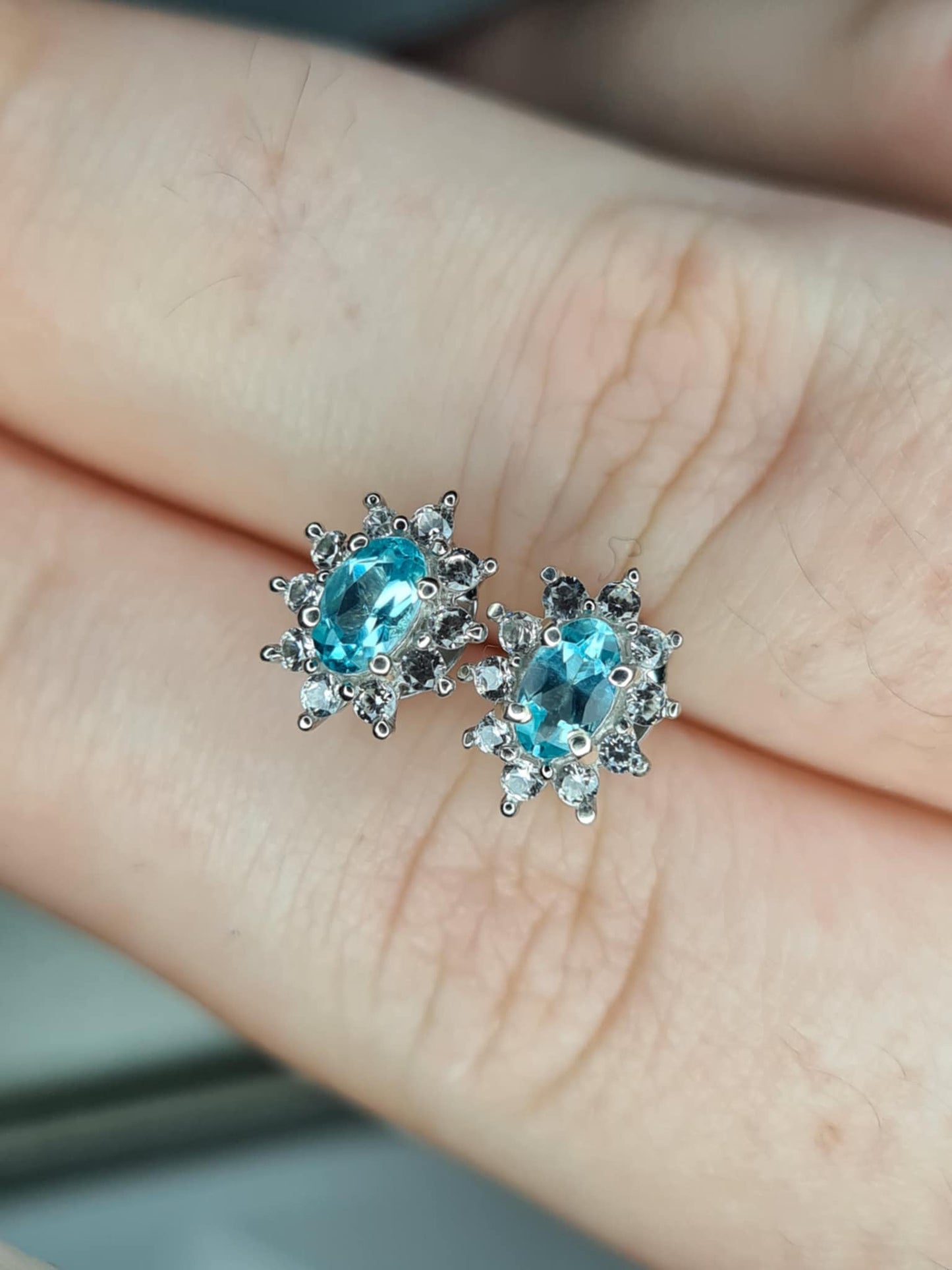 0.90ct Blue Lagoon Apatite and Natural Zircon Halo Earrings in Rhodium Overlay 925 Sterling Silver
