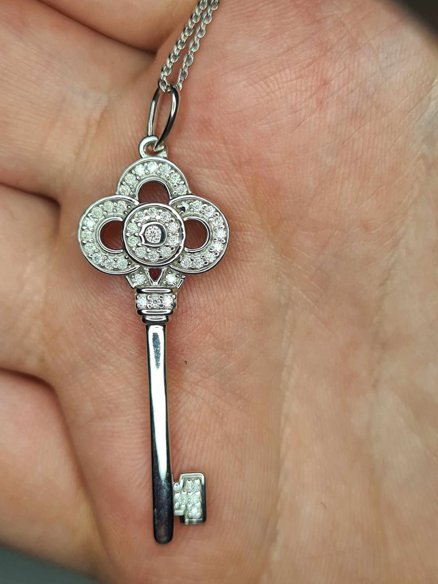 Moissanite Key Necklace Platinum Overlay 925 Sterling Silver