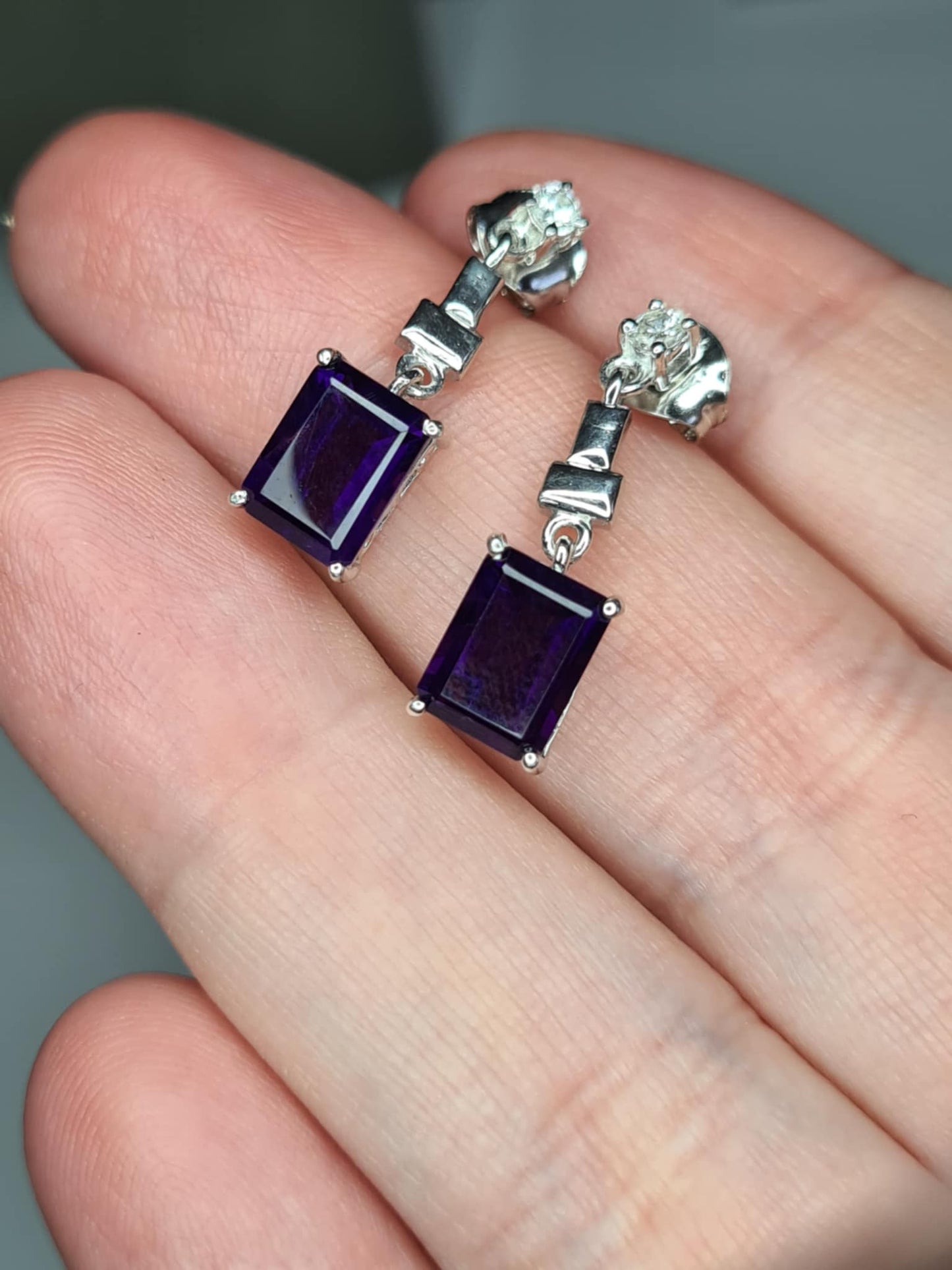 3.24ct AAA African Amethyst & White Zircon Dangling Earrings in Rhodium Overlay 925 Sterling Silver