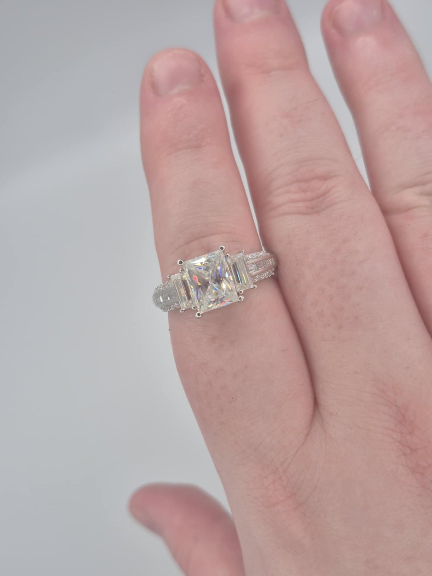 3.70ct Moissanite Trilogy Ring in Rhodium Overlay 925 Sterling Silver SIZE S