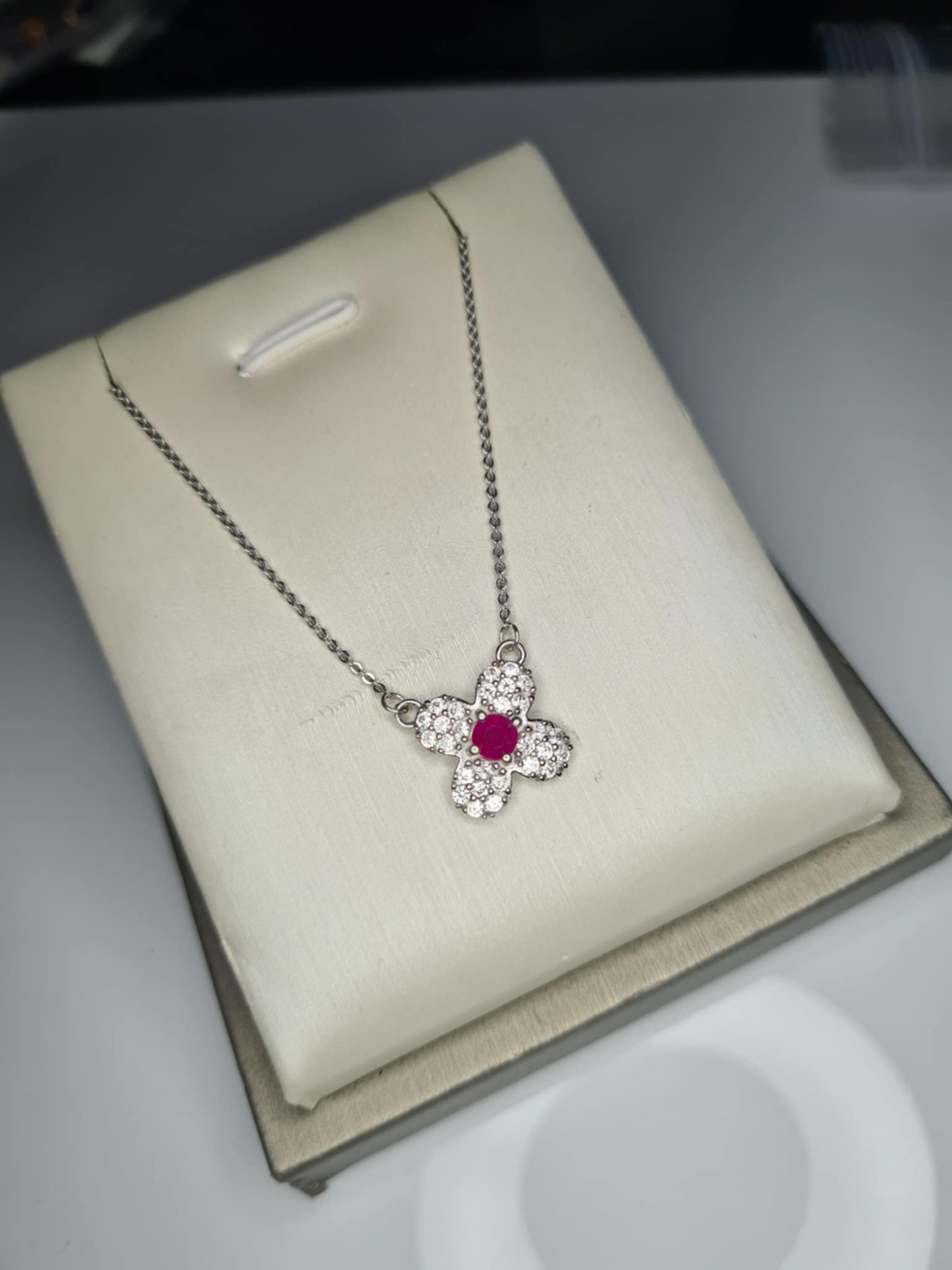 Mozambique Ruby, White Zircon Floral Necklace in Rhodium Overlay 925 Sterling Silver