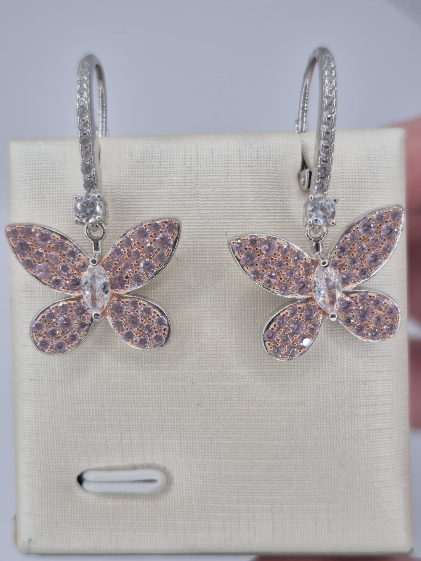 Pink & White Cubic Zirconia Butterfly Earrings in Rhodium Overlay 925 Sterling Silver