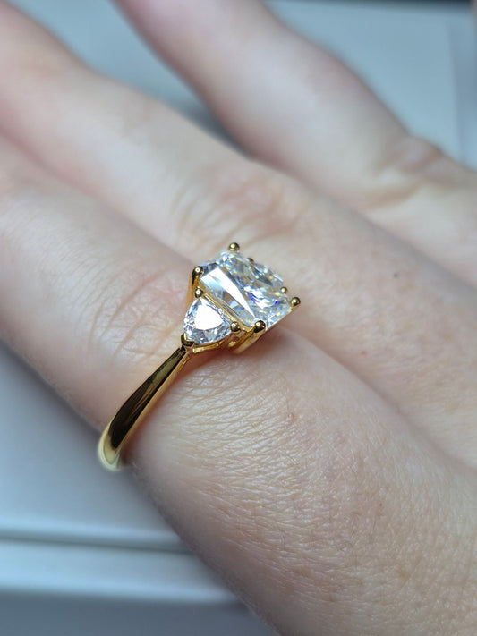 Premium Moissanite Trilogy Ring 18k Gold Plated 925 Sterling Silver SIZE P