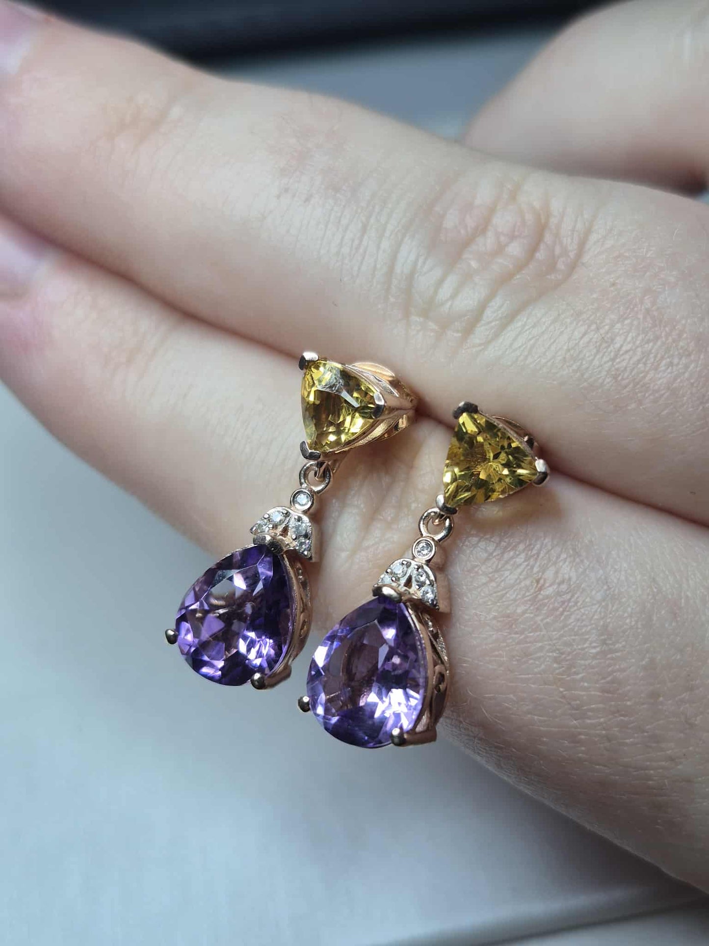 5.71ct Rose De France Amethyst, Citrine Dangle Earrings 925 Sterling Silver
