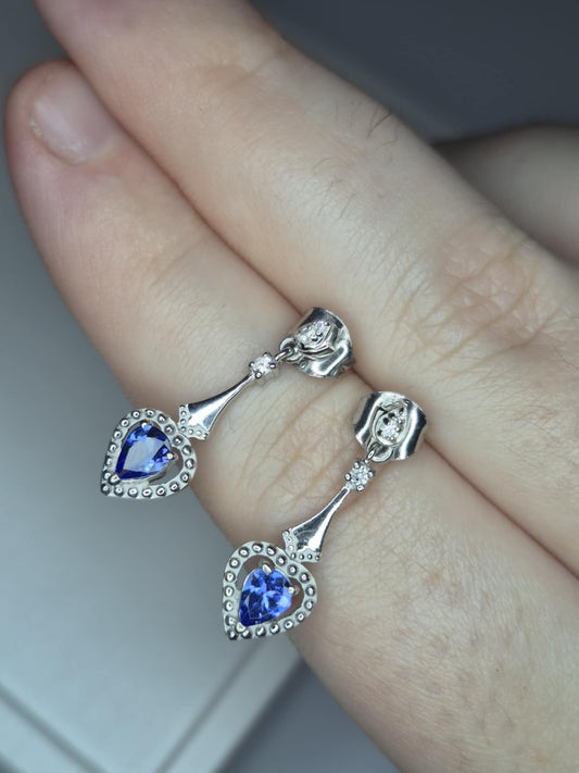 Tanzanite & White Zircon Heart Dangle Earrings in 925 Sterling Silver