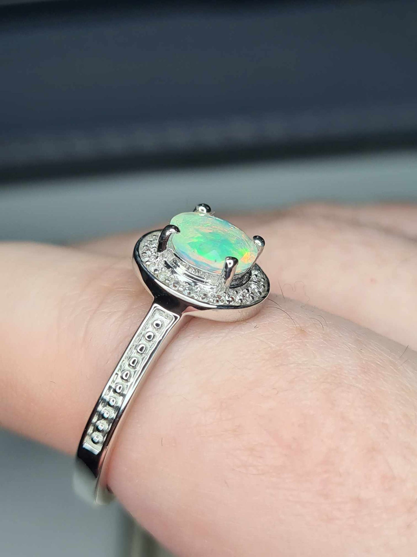 1ct Ethiopian Welo Opal & Natural Zircon Halo Ring in Platinum Overlay 925 Sterling Silver