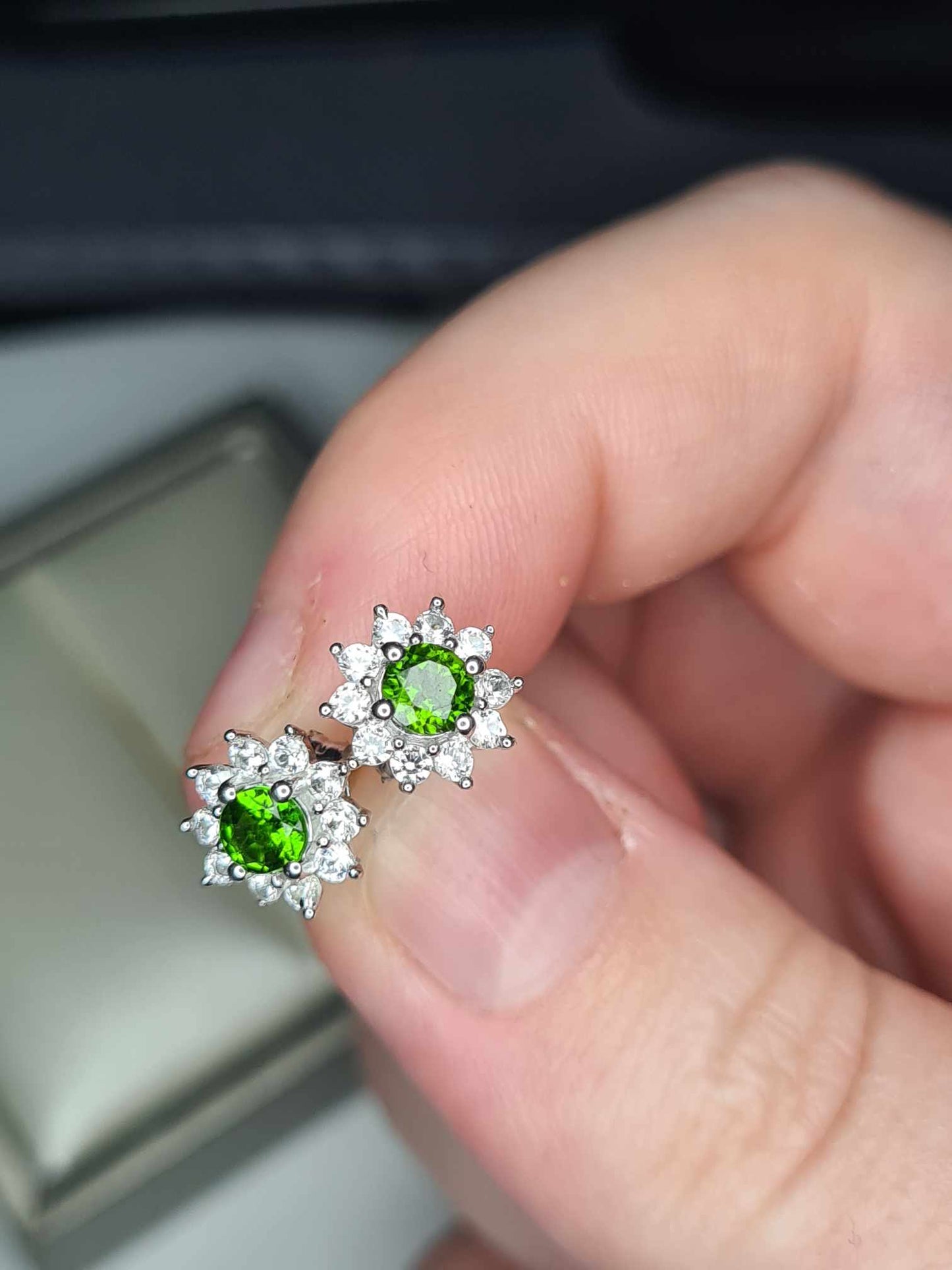 1ct Russian Diopside and natural zircon Halo Stud Earrings 925 Sterling