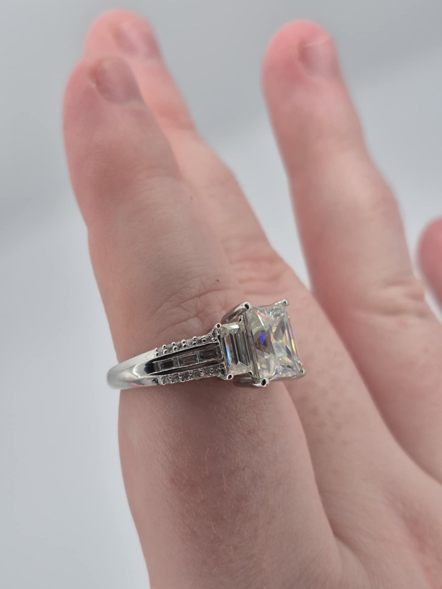 3.70ct Moissanite Trilogy Ring in Rhodium Overlay 925 Sterling Silver SIZE S