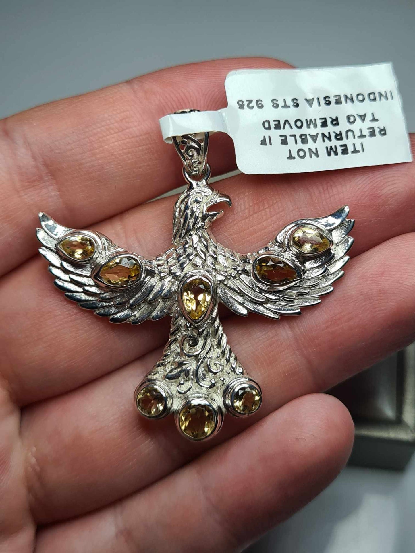 2.62ct Hand Made Citrine Eagle Pendant 925 Sterling Silver