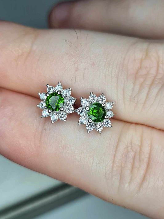 1ct Russian Diopside and natural zircon Halo Stud Earrings 925 Sterling