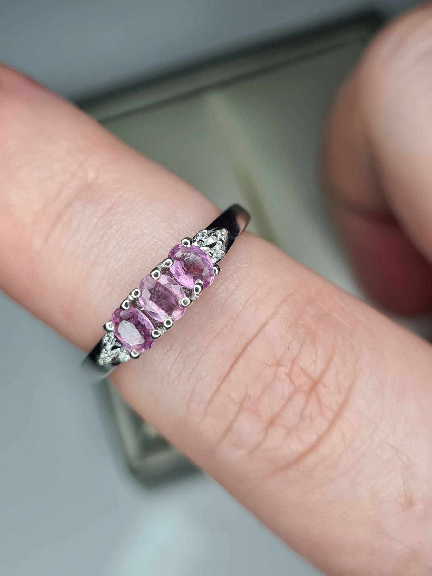0.720ct Pink Sapphire and White Zircon Trilogy Ring in Rhodium 925 Sterling Silver SIZE K