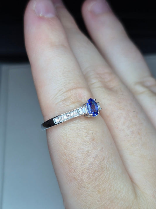 Natural Tanzanite & Moissanite Ring in Platinum Overlay 925 Sterling Silver SIZE P