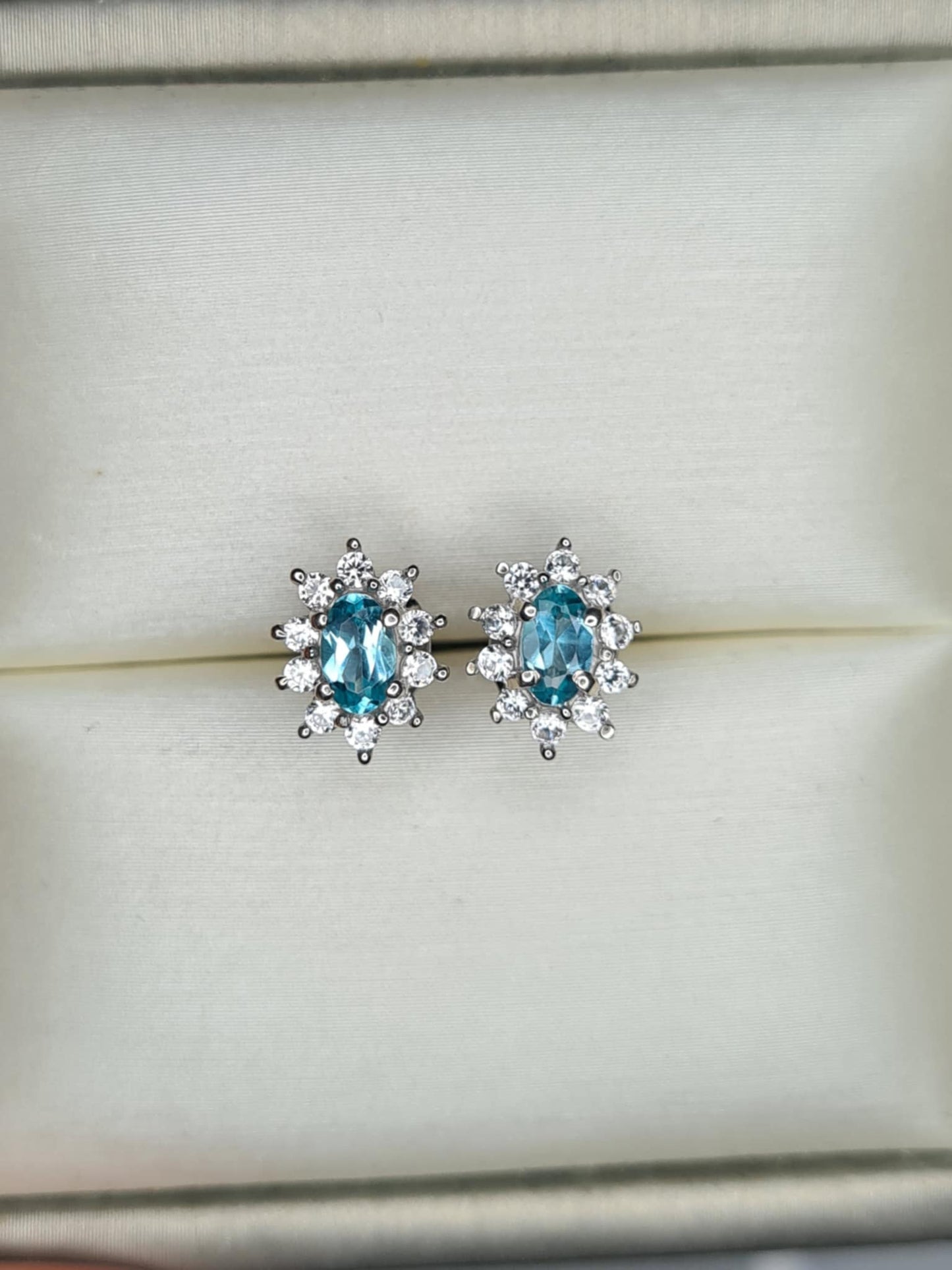 0.90ct Blue Lagoon Apatite and Natural Zircon Halo Earrings in Rhodium Overlay 925 Sterling Silver