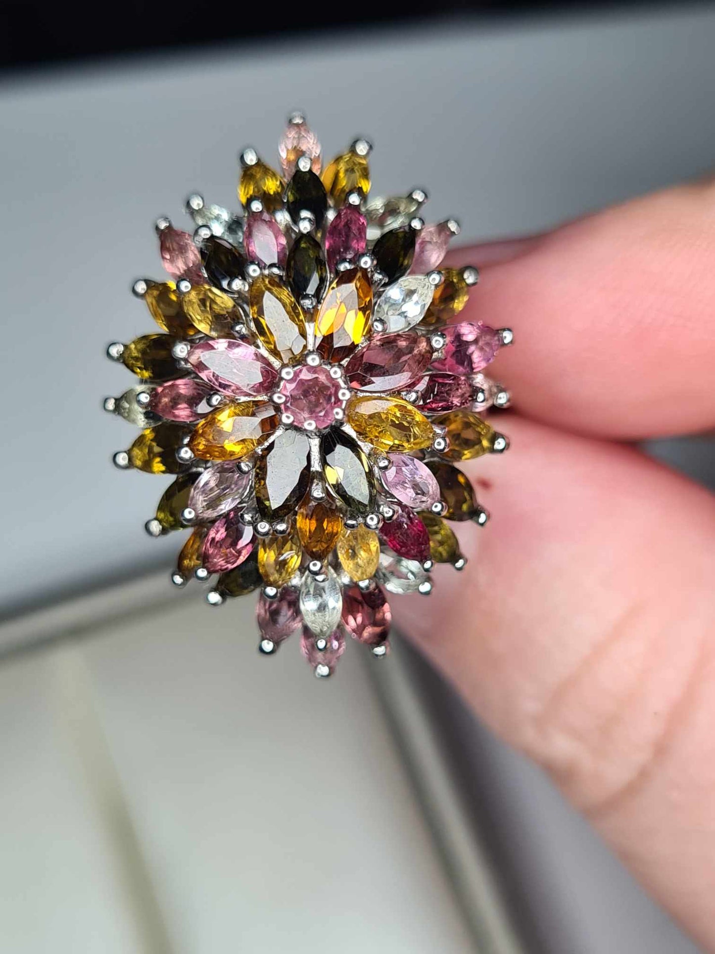 6.75 Ct Tourmaline Floral Cocktail Ring 925 Sterling Silver with a platinum overlay SIZE K