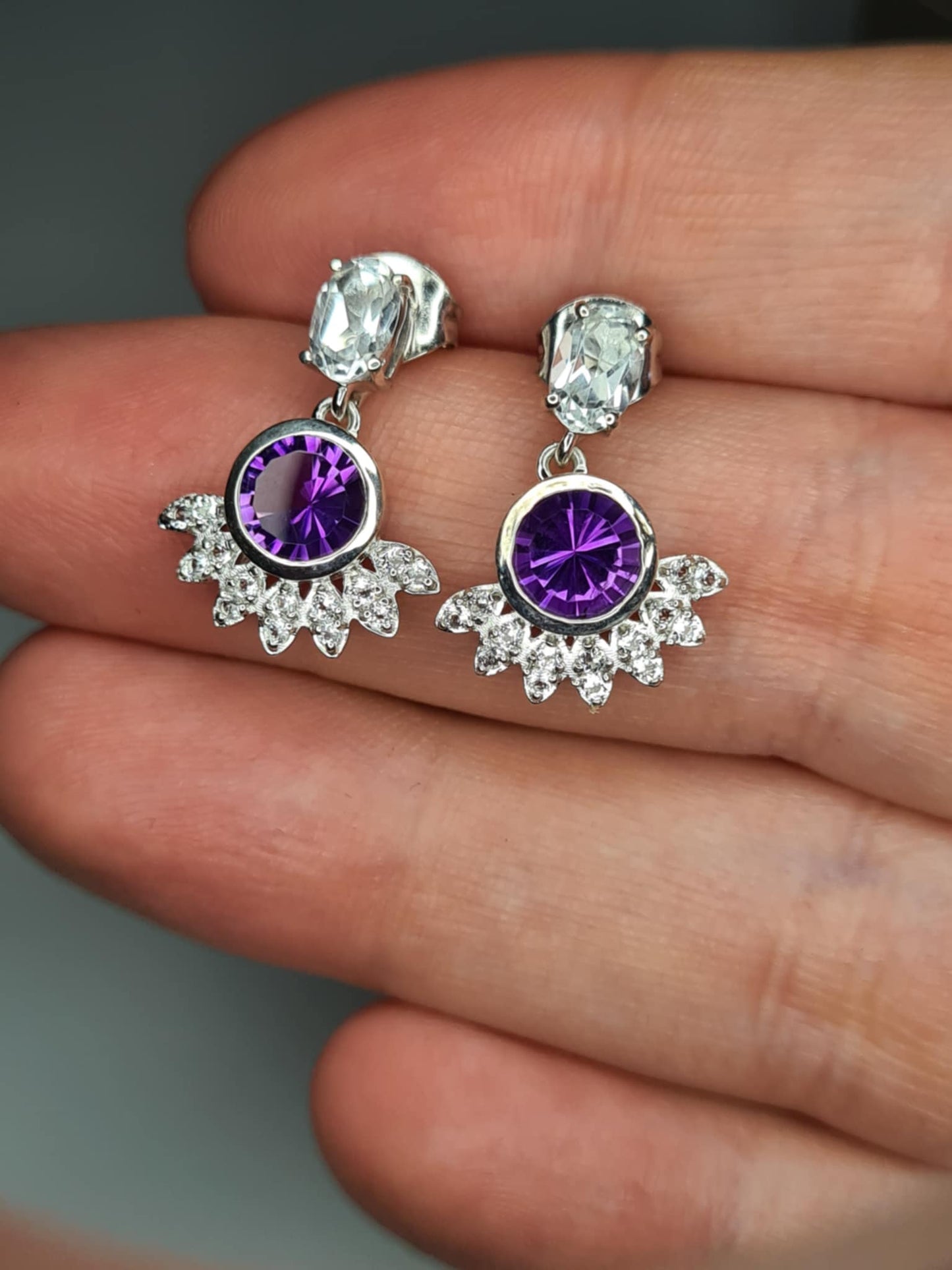Zambian Amethyst, White Topaz Solitaire Dangle Earrings in Rhodium Overlay 925 Sterling Silver