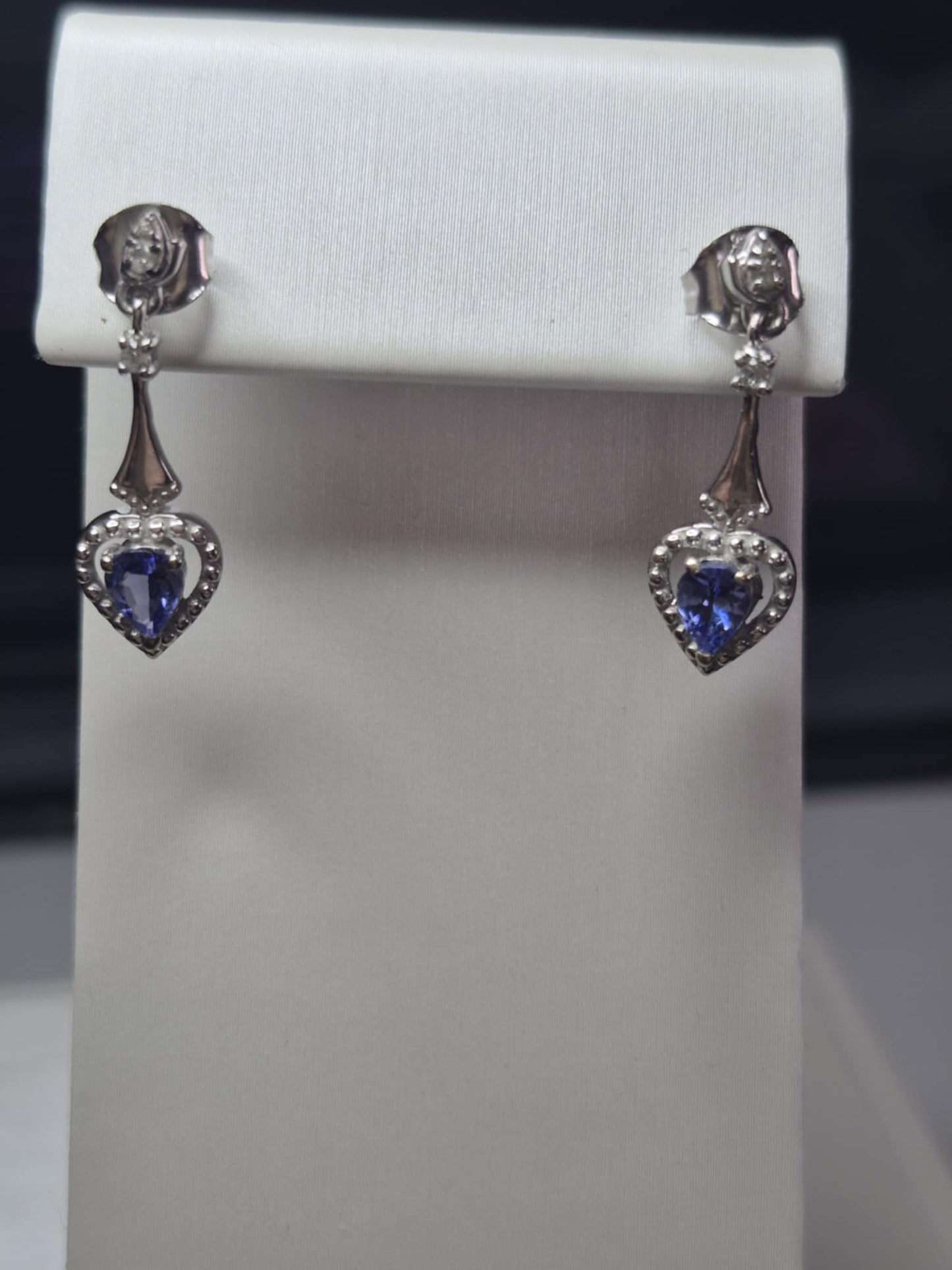 Tanzanite & White Zircon Heart Dangle Earrings in 925 Sterling Silver