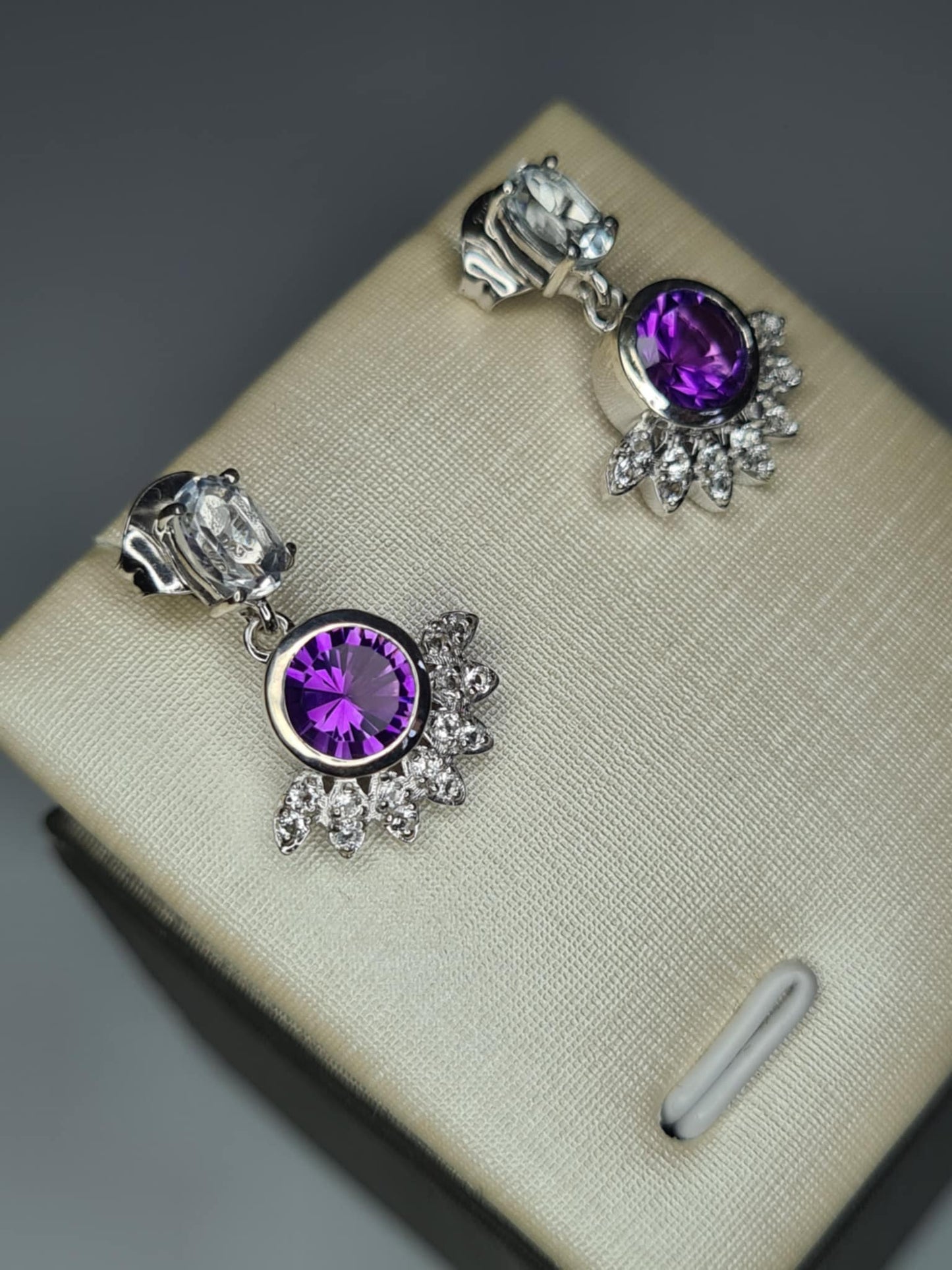 Zambian Amethyst, White Topaz Solitaire Dangle Earrings in Rhodium Overlay 925 Sterling Silver