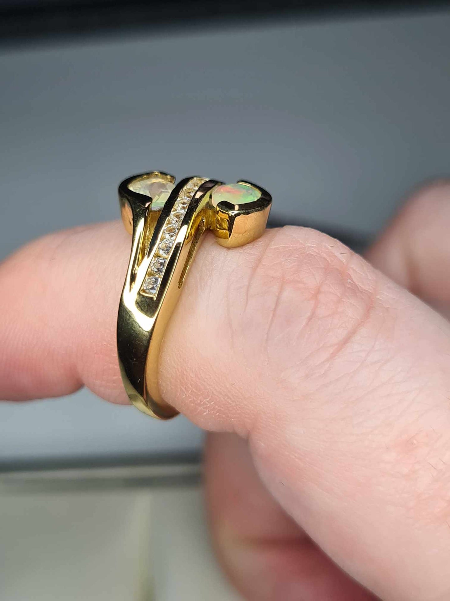 Ethiopian Welo Opal & Natural Zircon Bypass Ring in 18K Gold Overlay 925 Sterling Silver SIZE K