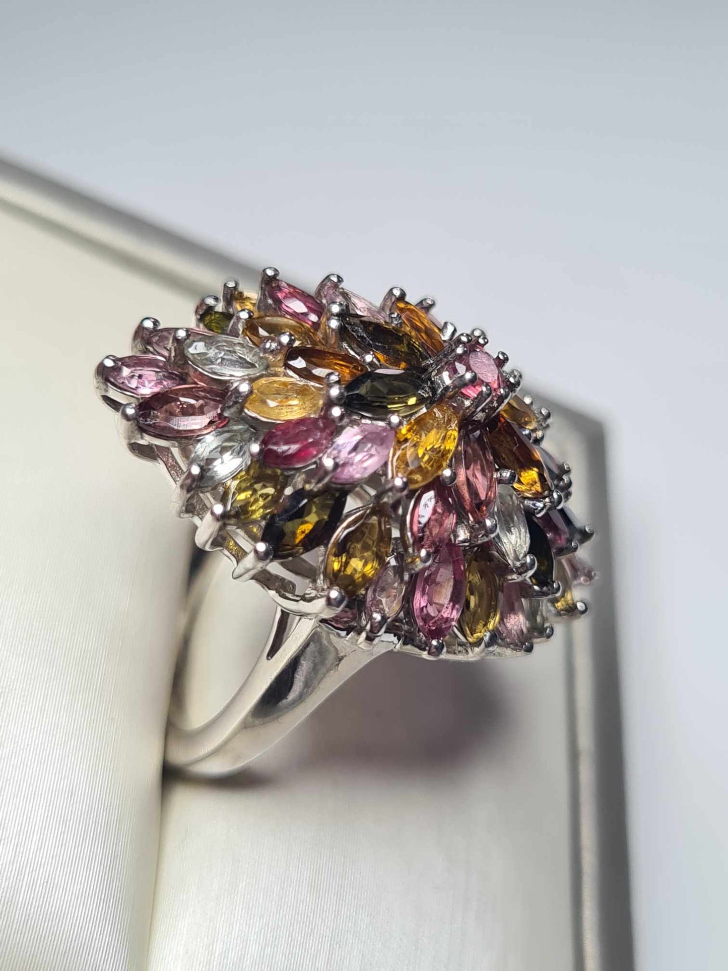 6.75 Ct Tourmaline Floral Cocktail Ring 925 Sterling Silver with a platinum overlay SIZE K