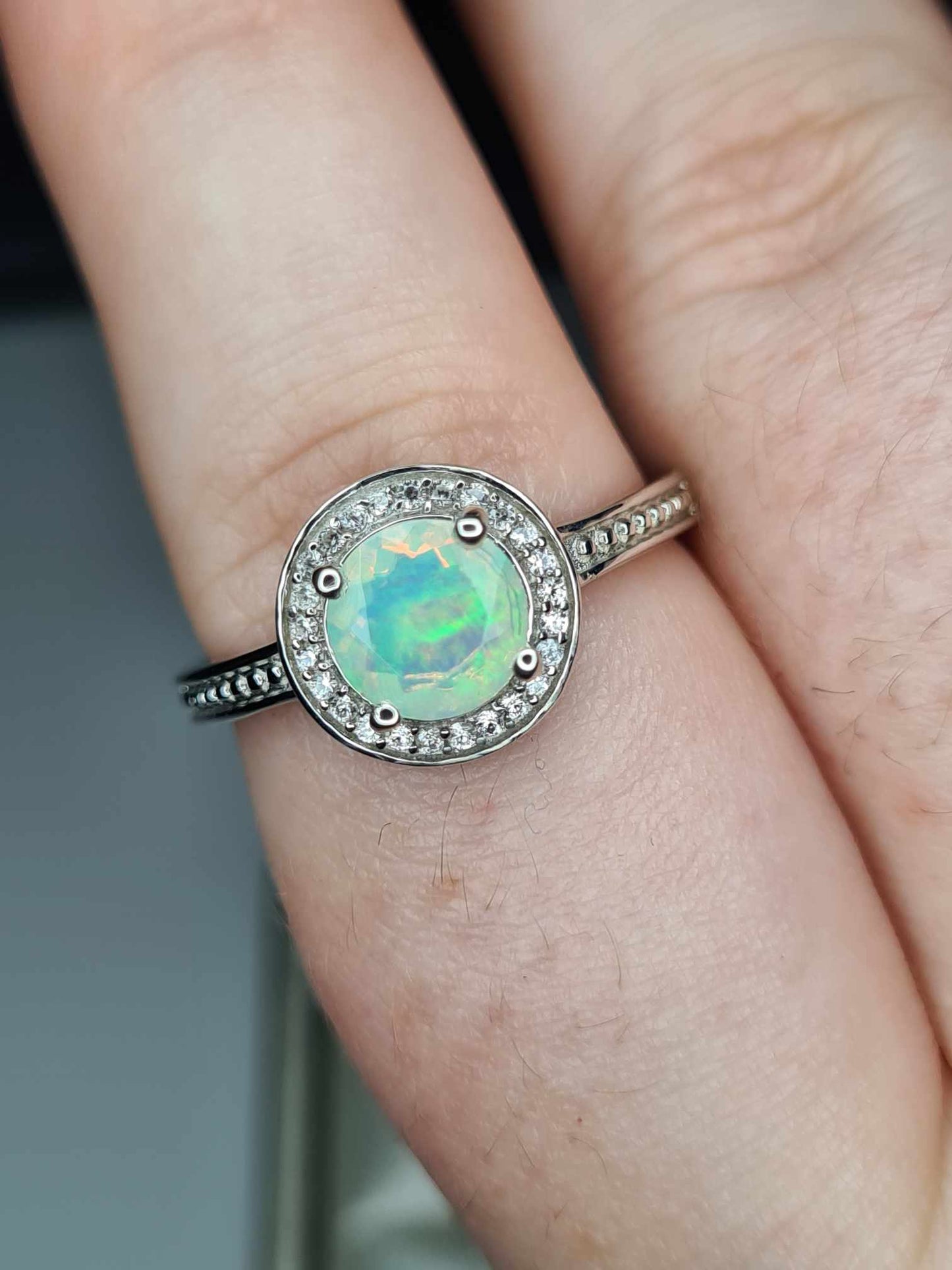 1ct Ethiopian Welo Opal & Natural Zircon Halo Ring in Platinum Overlay 925 Sterling Silver