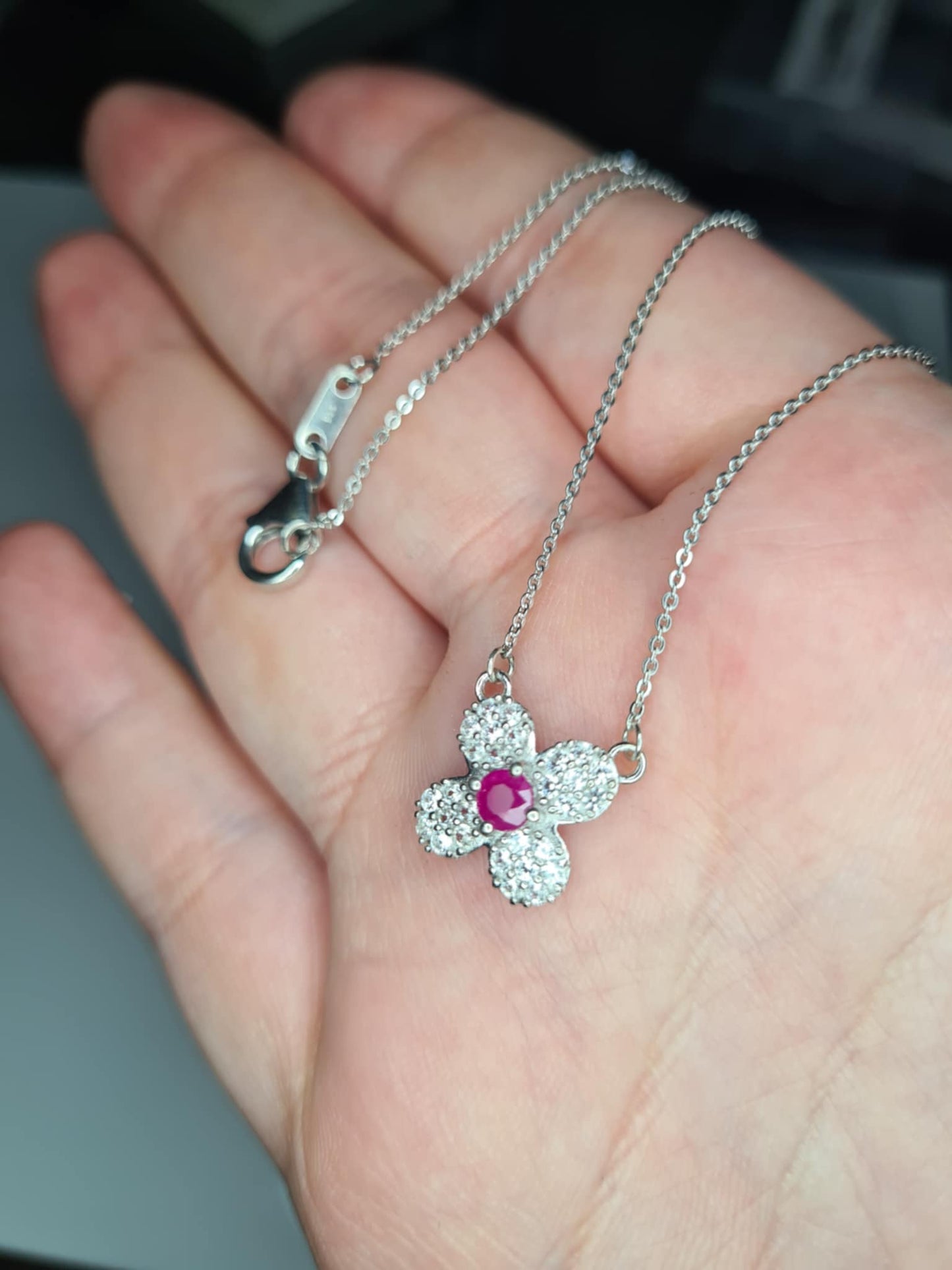 Mozambique Ruby, White Zircon Floral Necklace in Rhodium Overlay 925 Sterling Silver