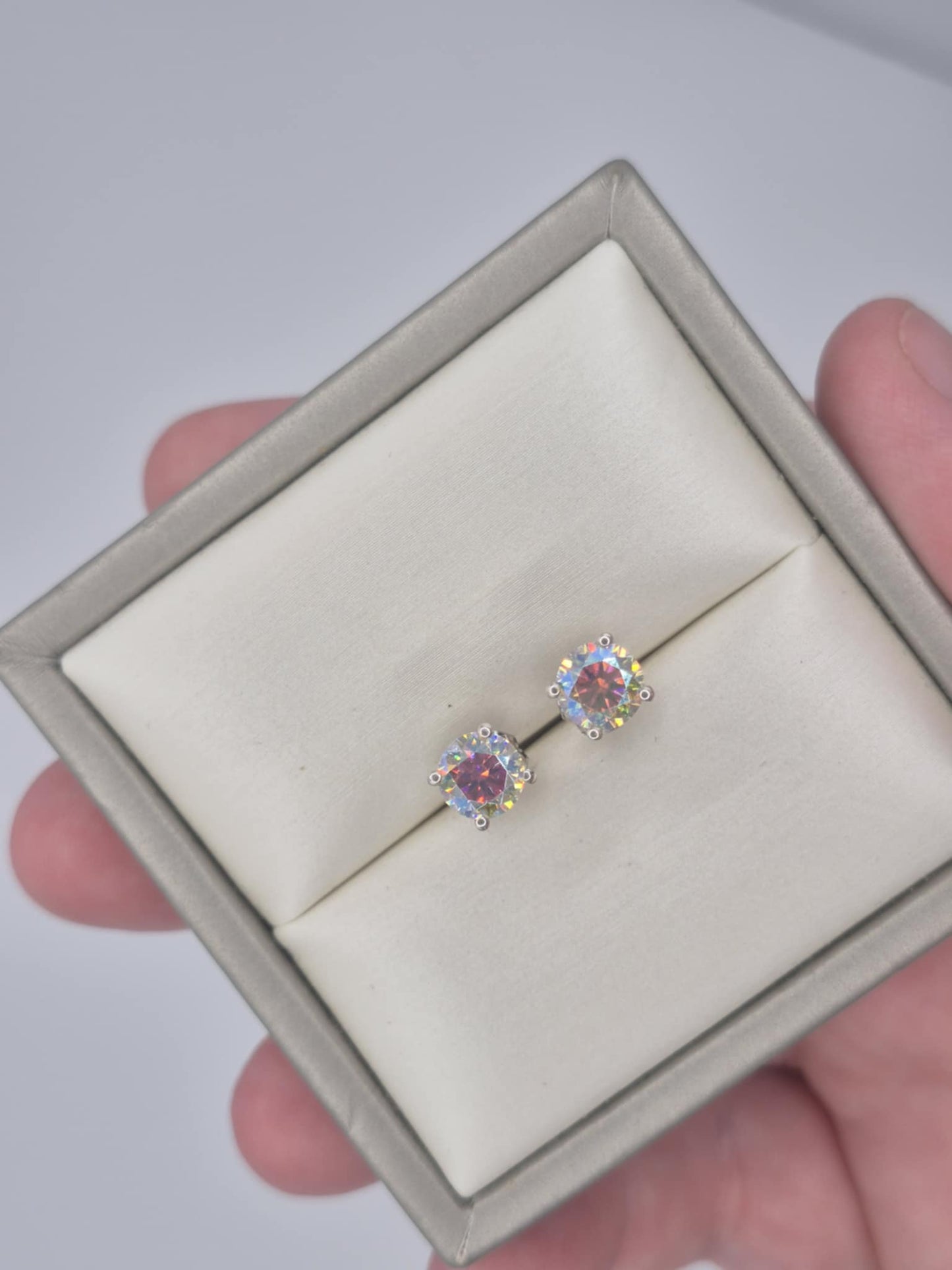 1.50ct Dichroic Luminous Moissanite Solitaire Stud Earrings in Rhodium Overlay 925 Sterling Silver