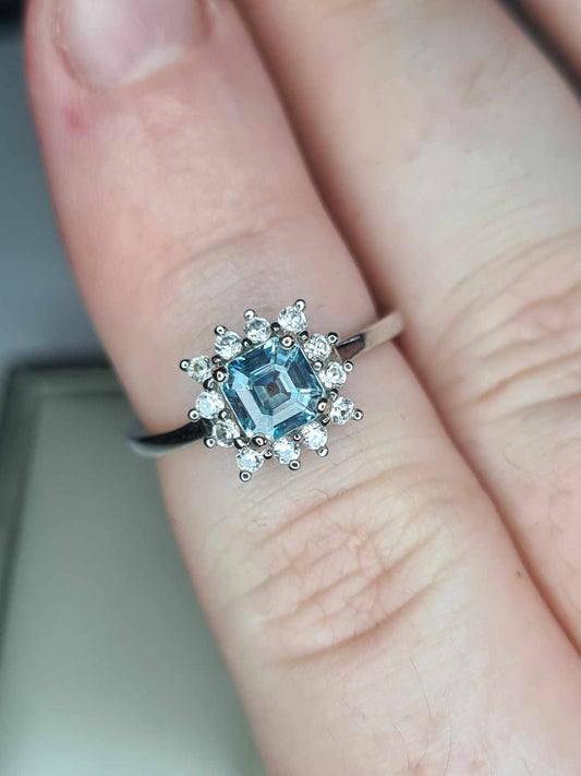 1.25ct Blue & White Zircon Halo Ring in Platinum Overlay 925 Sterling Silver SIZE L