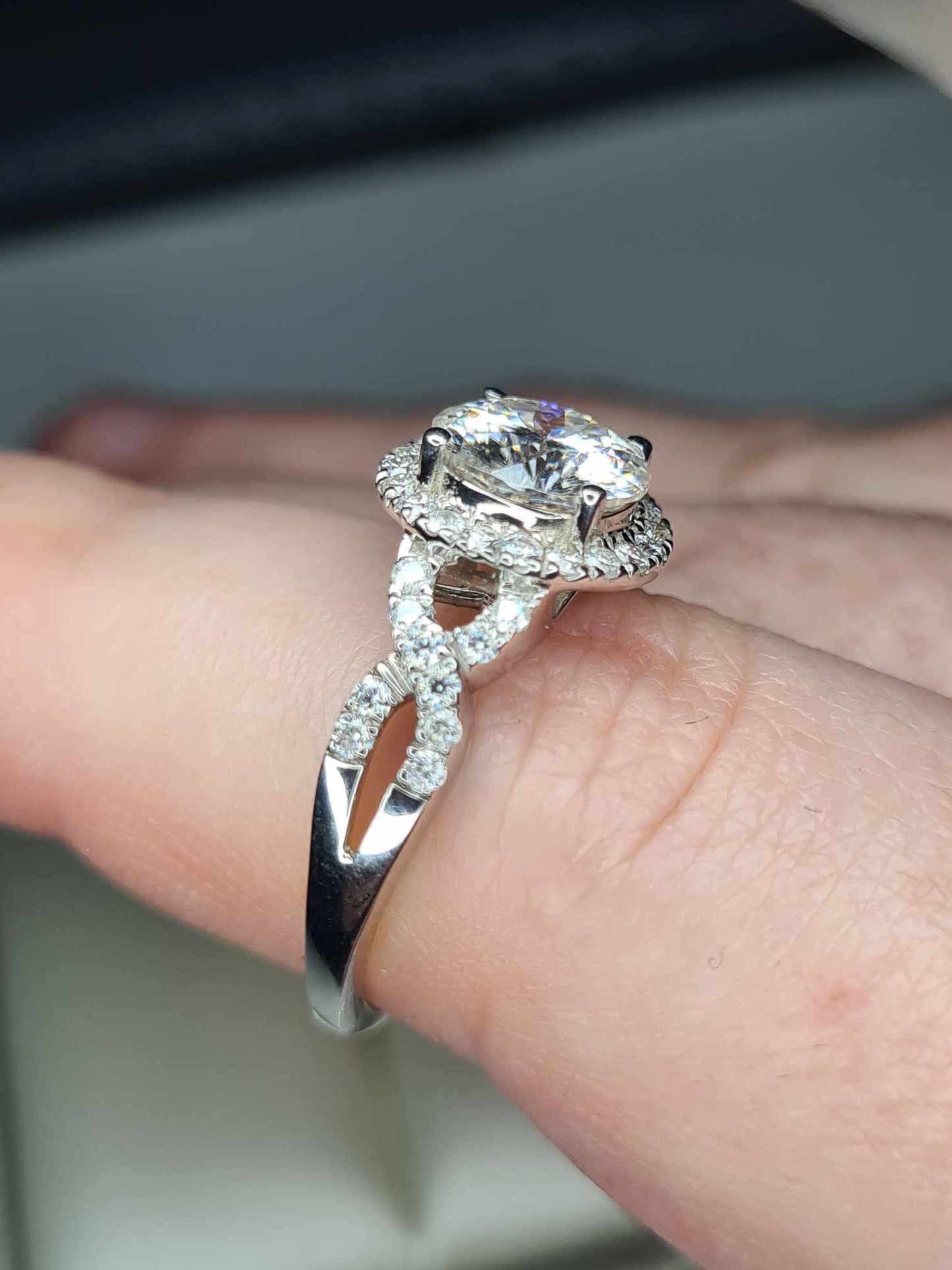 2.11ct Moissanite Halo Ring 925 Sterling Silver with platinum overlay SIZE O