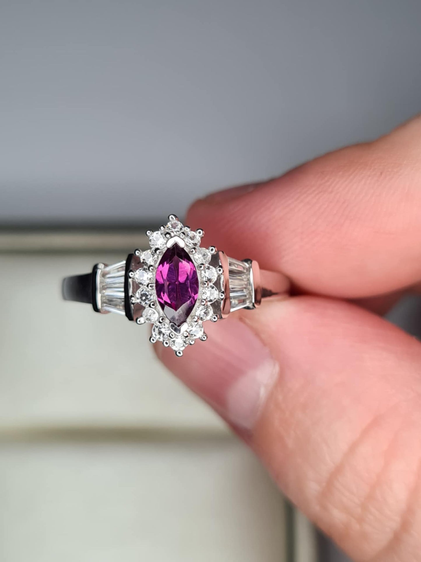 1.90ct Natural Radiant Ember Garnet, White Zircon Halo Ring in Rhodium 925 Overlay Sterling Silver SIZE P