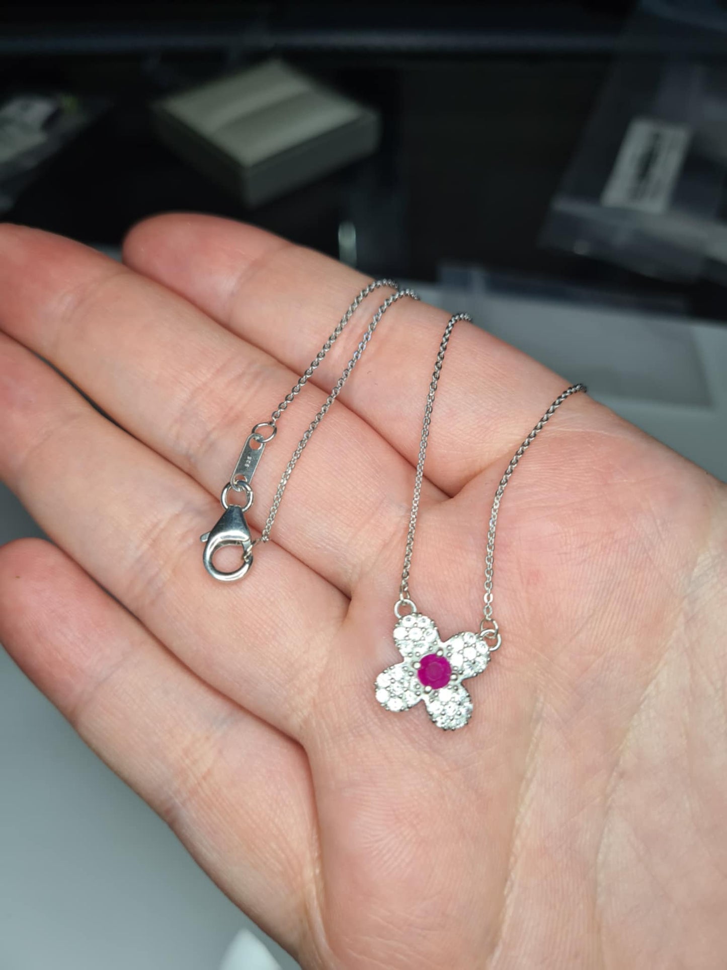 Mozambique Ruby, White Zircon Floral Necklace in Rhodium Overlay 925 Sterling Silver