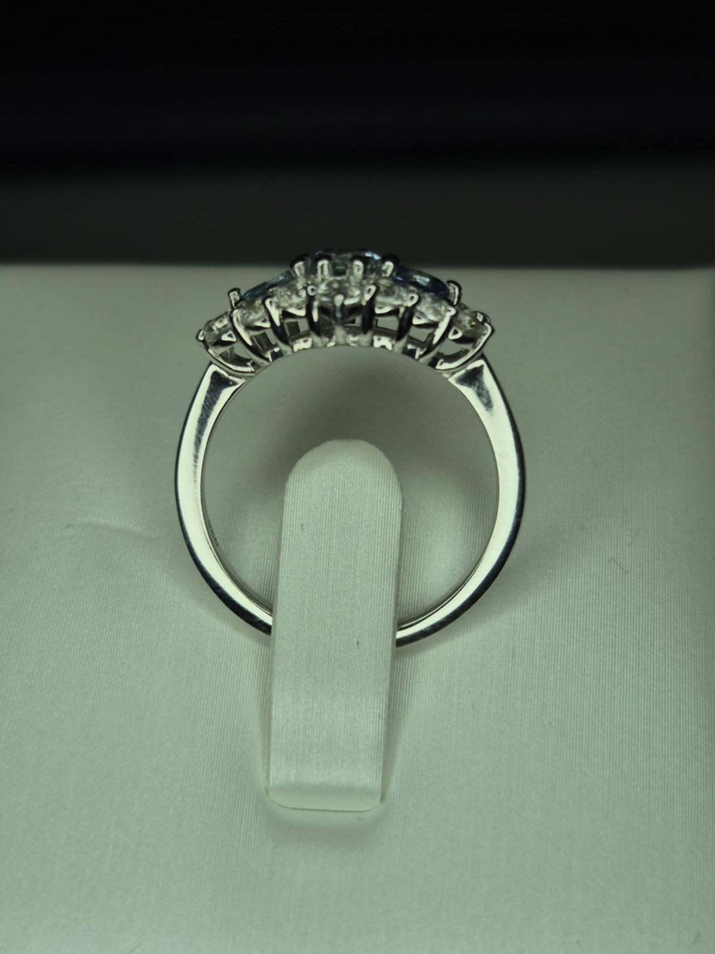 Santamaria Aquamarine & Zircon Boat Ring in Rhodium Overlay 925 Sterling Silver SIZE M