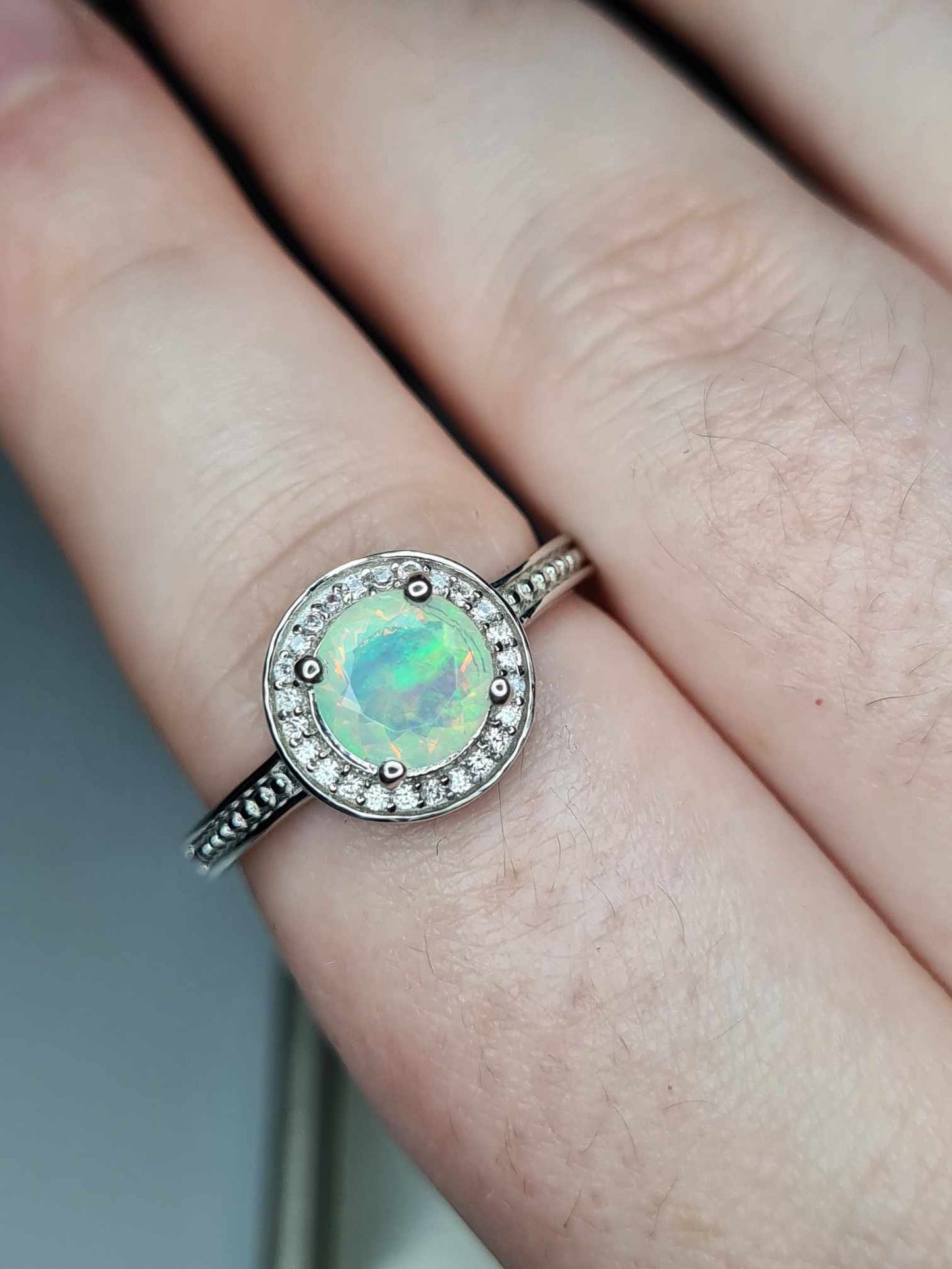 1ct Ethiopian Welo Opal & Natural Zircon Halo Ring in Platinum Overlay 925 Sterling Silver