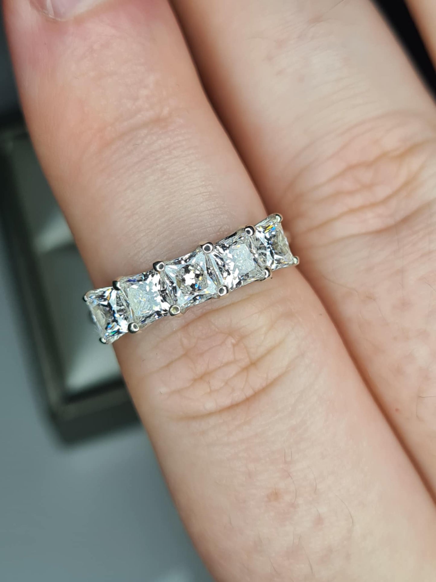 3.26ct Swarovski Zirconia 5 Stone Square cut Ring in Rhodium Overlay 925 Sterling Silver