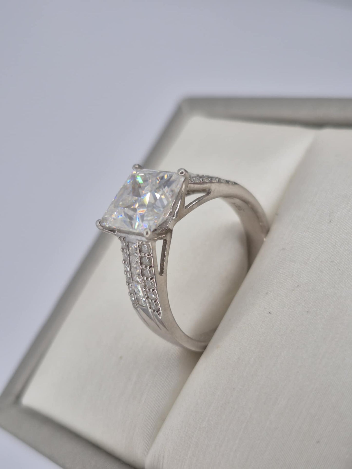 3.21ct Princess Cut Moissanite Ring in Rhodium Overlay 925 Sterling Silver SIZE N