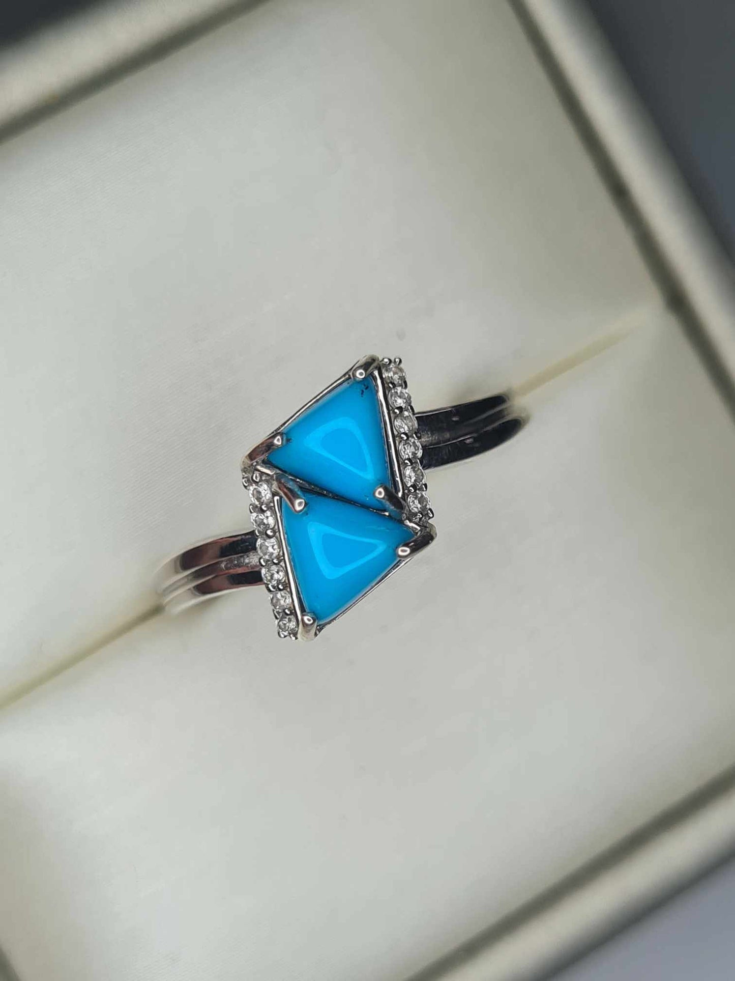 1.17 Ct. Arizona Sleeping Beauty Turquoise Triangle Ring in Platinum Overlay 925 Sterling Silver SIZE P