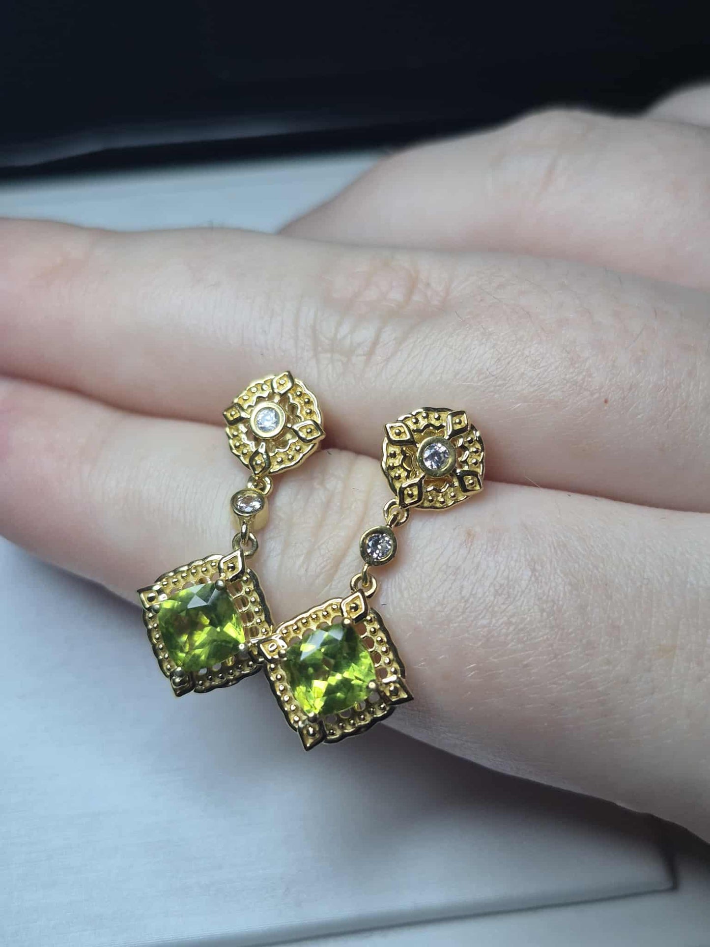 Natural Hebei Peridot, White Zircon Dangling Victorian Dangle Earrings 925 Sterling Silver