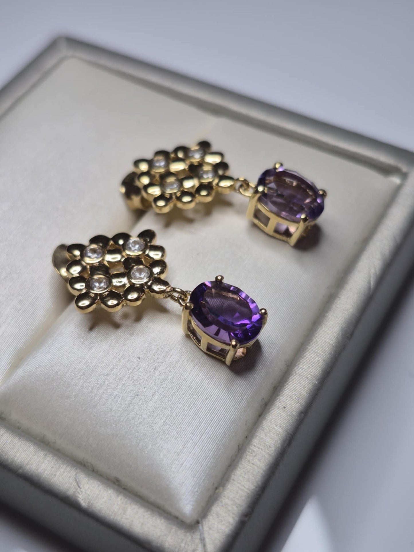 African Amethyst & White Zircon Floral Earrings in 18K Gold Overlay 925 Sterling Silver