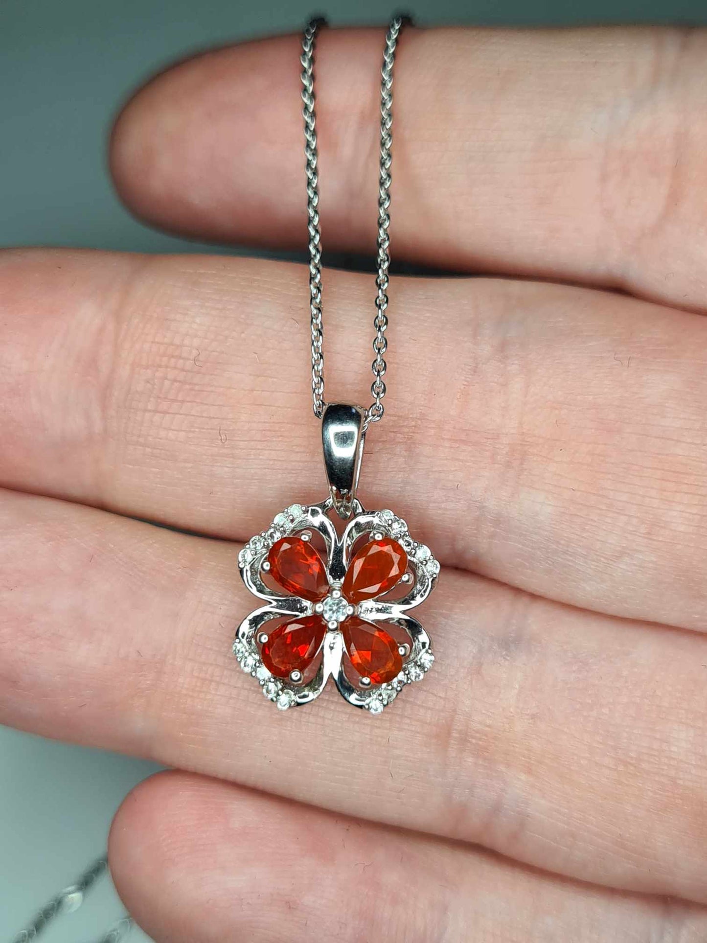 0.790ct. Fire Opal & Natural Zircon Clover Necklace in Platinum Overlay 925 Sterling Silver