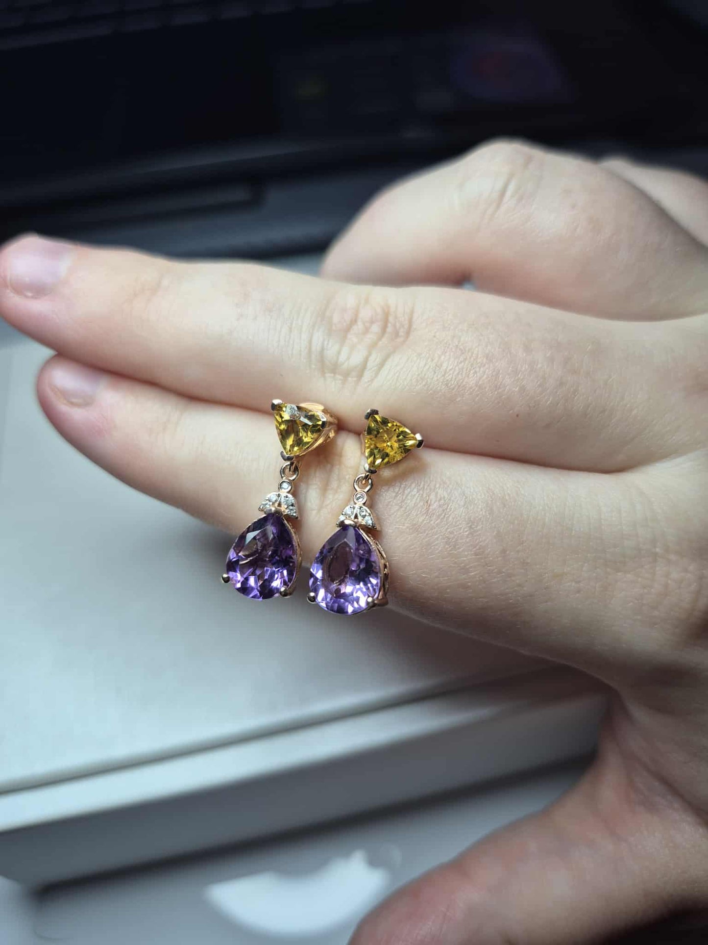 5.71ct Rose De France Amethyst, Citrine Dangle Earrings 925 Sterling Silver