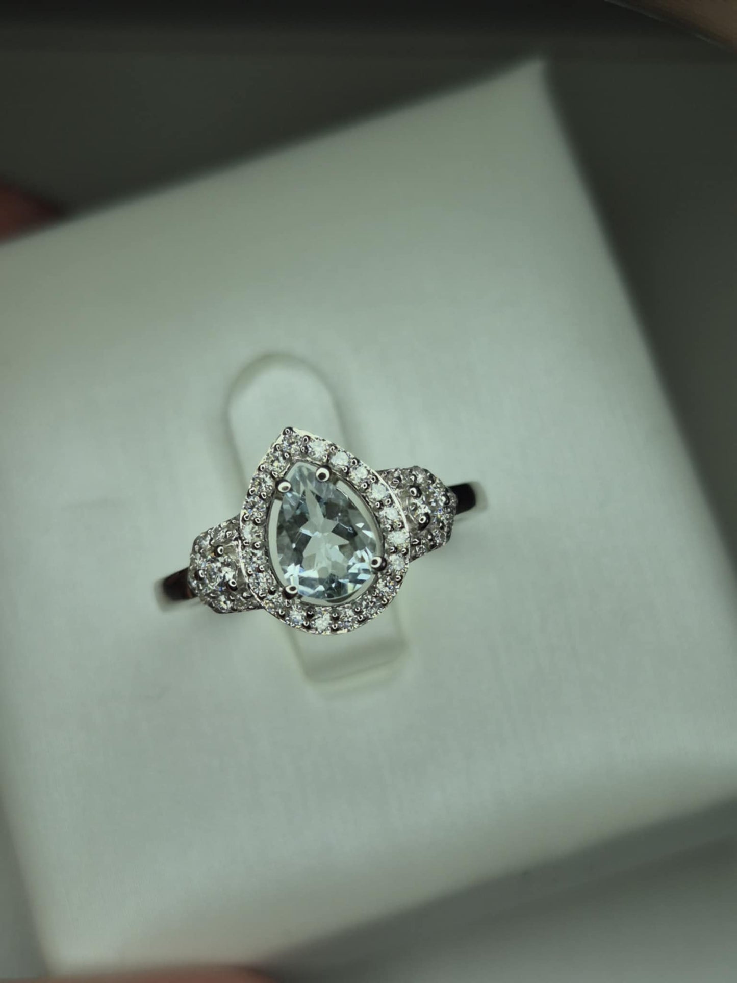 Aquamarine & Moissanite Ring in Rhodium Overlay 925 Sterling Silver SIZE M