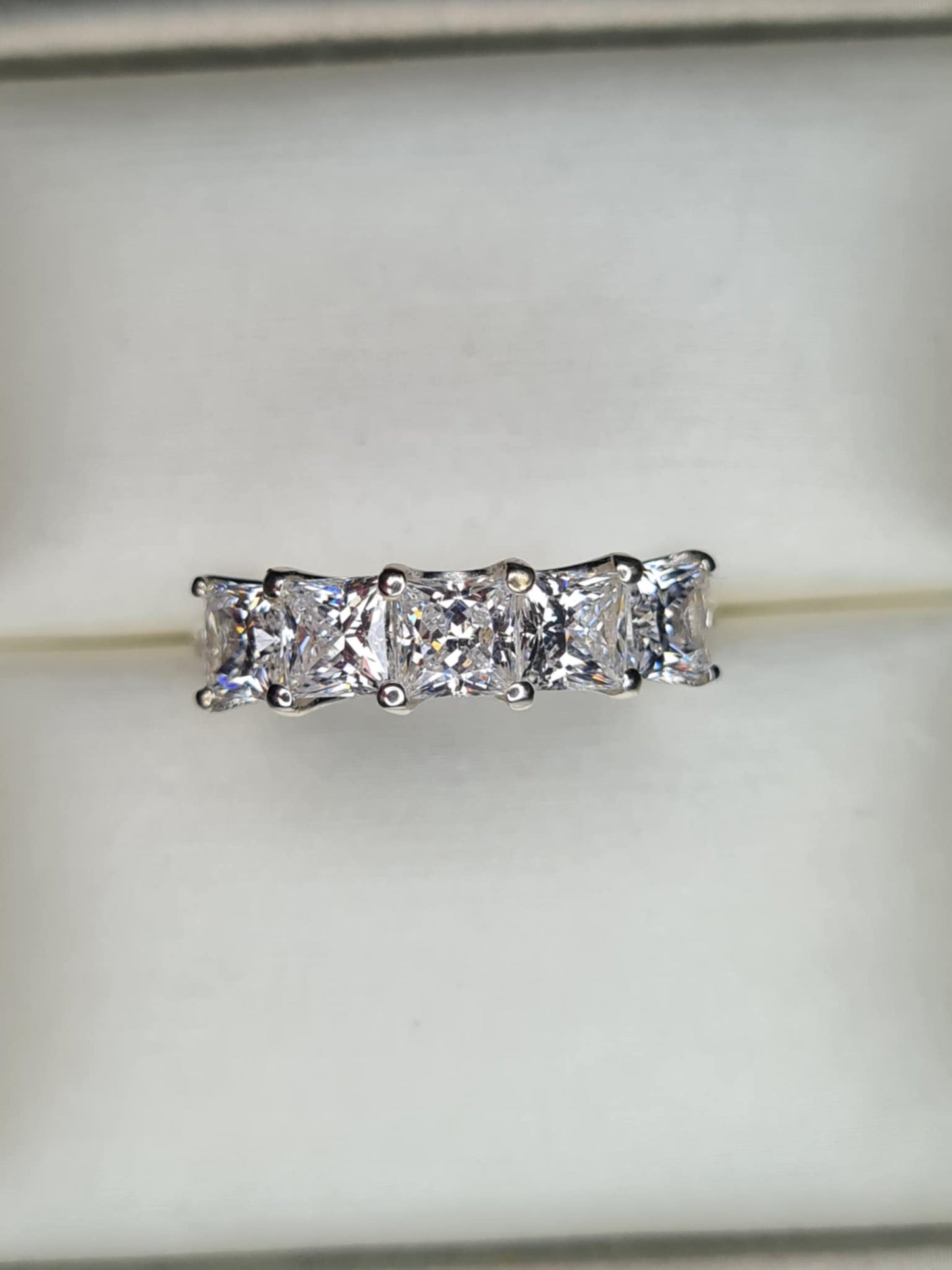 3.26ct Swarovski Zirconia 5 Stone Square cut Ring in Rhodium Overlay 925 Sterling Silver